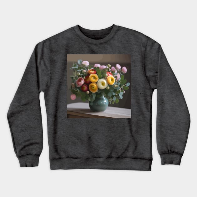 Ranunculus Flowers and Eucalyptus Leaves Still Life Painting Crewneck Sweatshirt by bragova